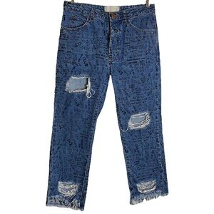 One Teaspoon Graffiti High Rise Straight Leg Cropped Raw Hem Jeans 22 XXS 00